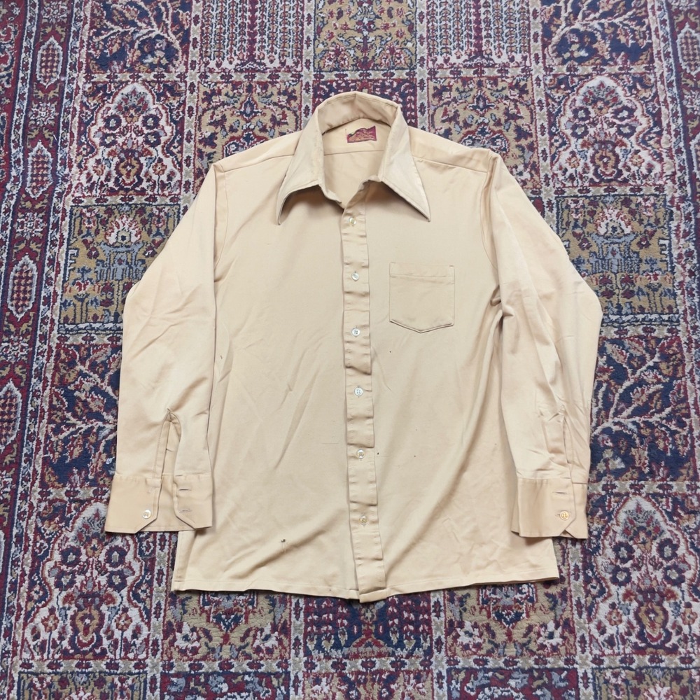 VTG 60s 70s Sears Kings Road Tan Dagger Collar Button Down Shirt Disco Men L USA
